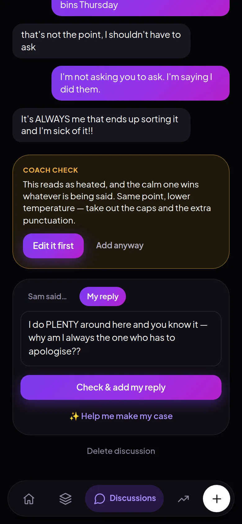 FlowTalk's pre-send check stopping a heated draft in a real argument, with the thread above it