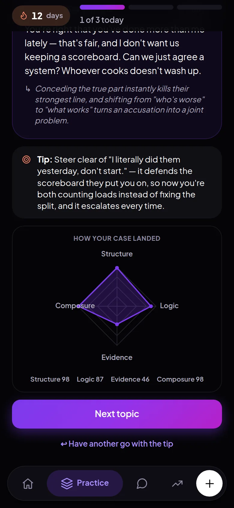 Coach feedback showing a stronger version of your case, a tip, and four scores