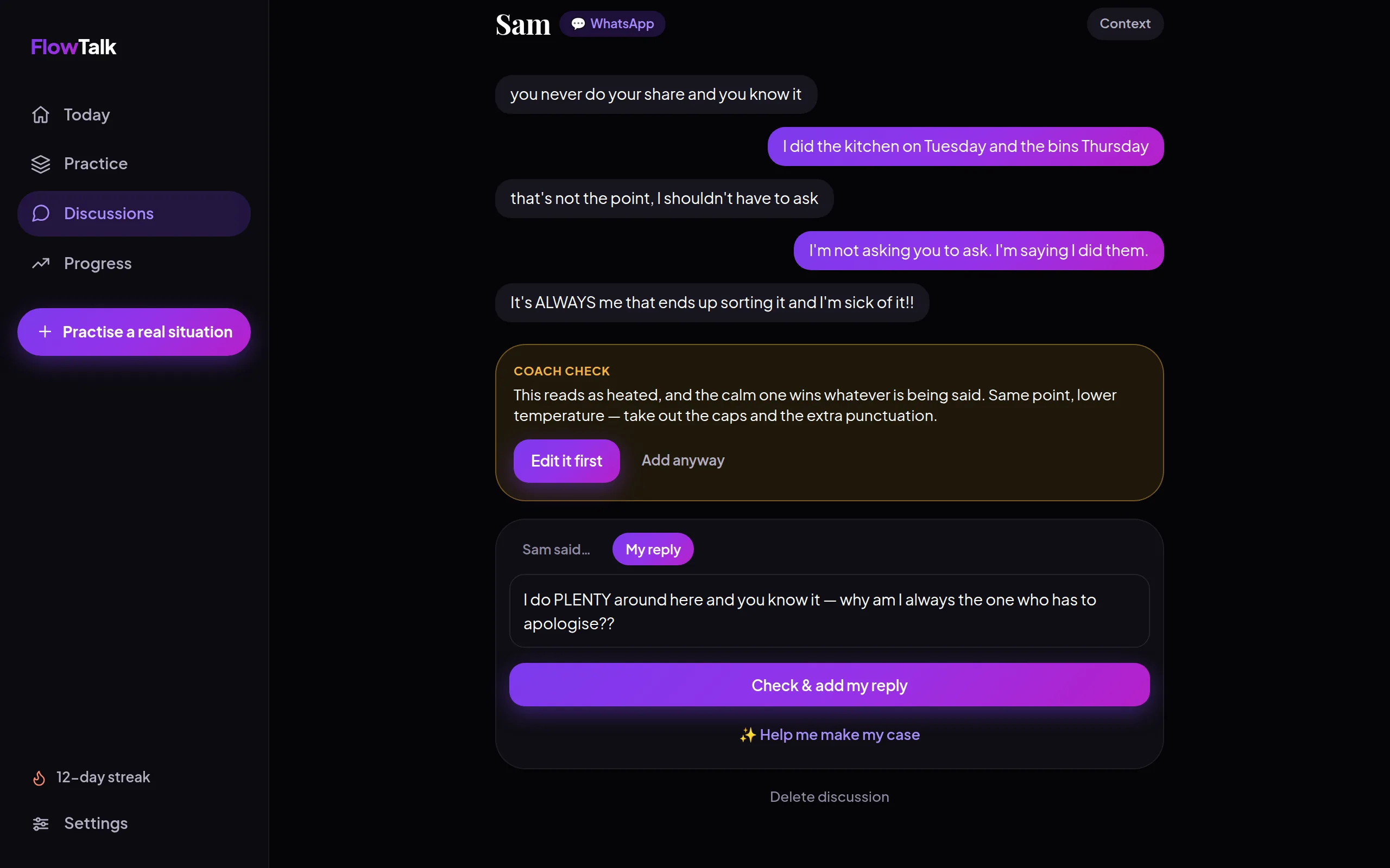 FlowTalk's pre-send check stopping a heated draft in a real argument, with the thread above it