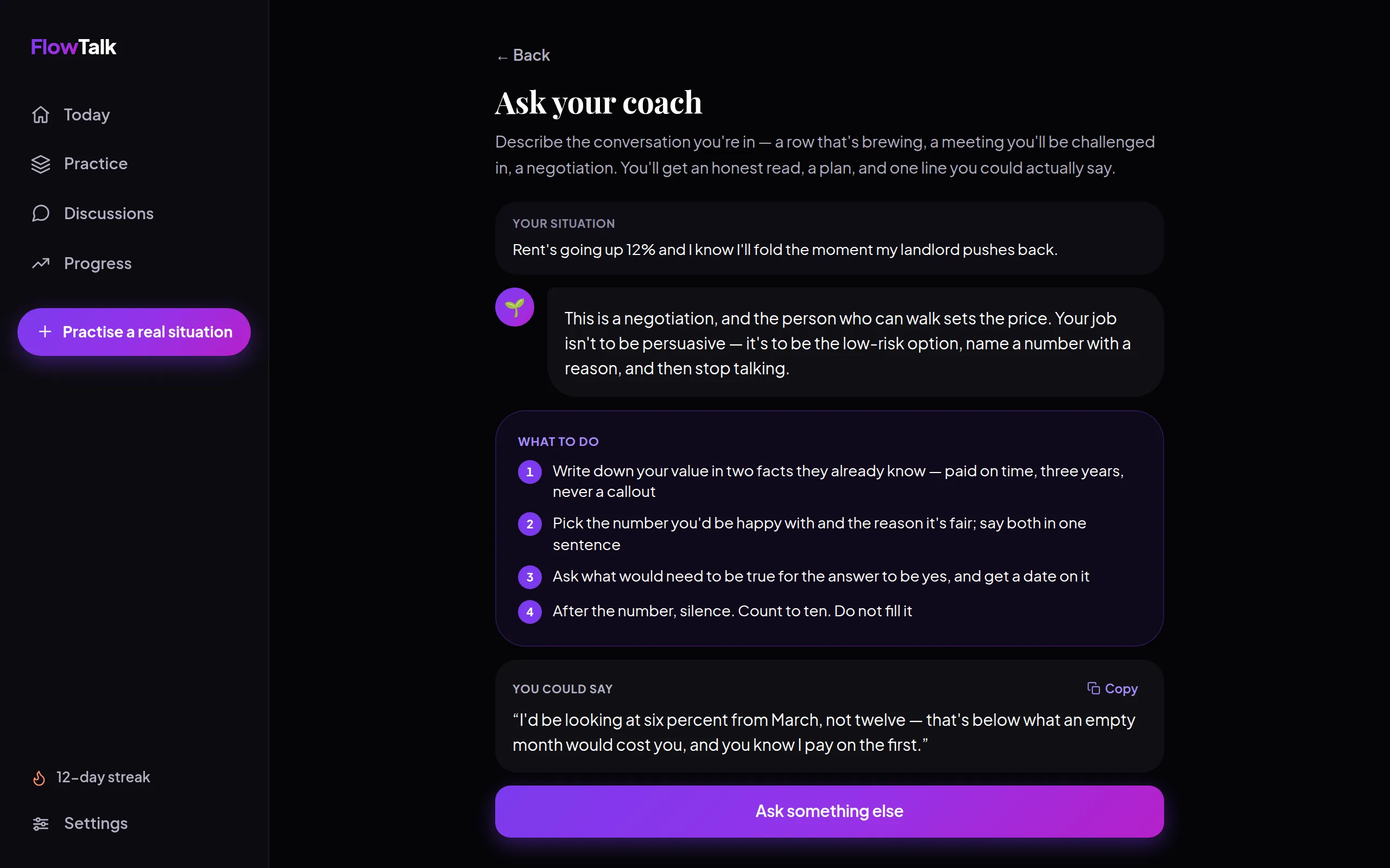 Ask your coach screen showing a read of the situation, steps, and a line to say