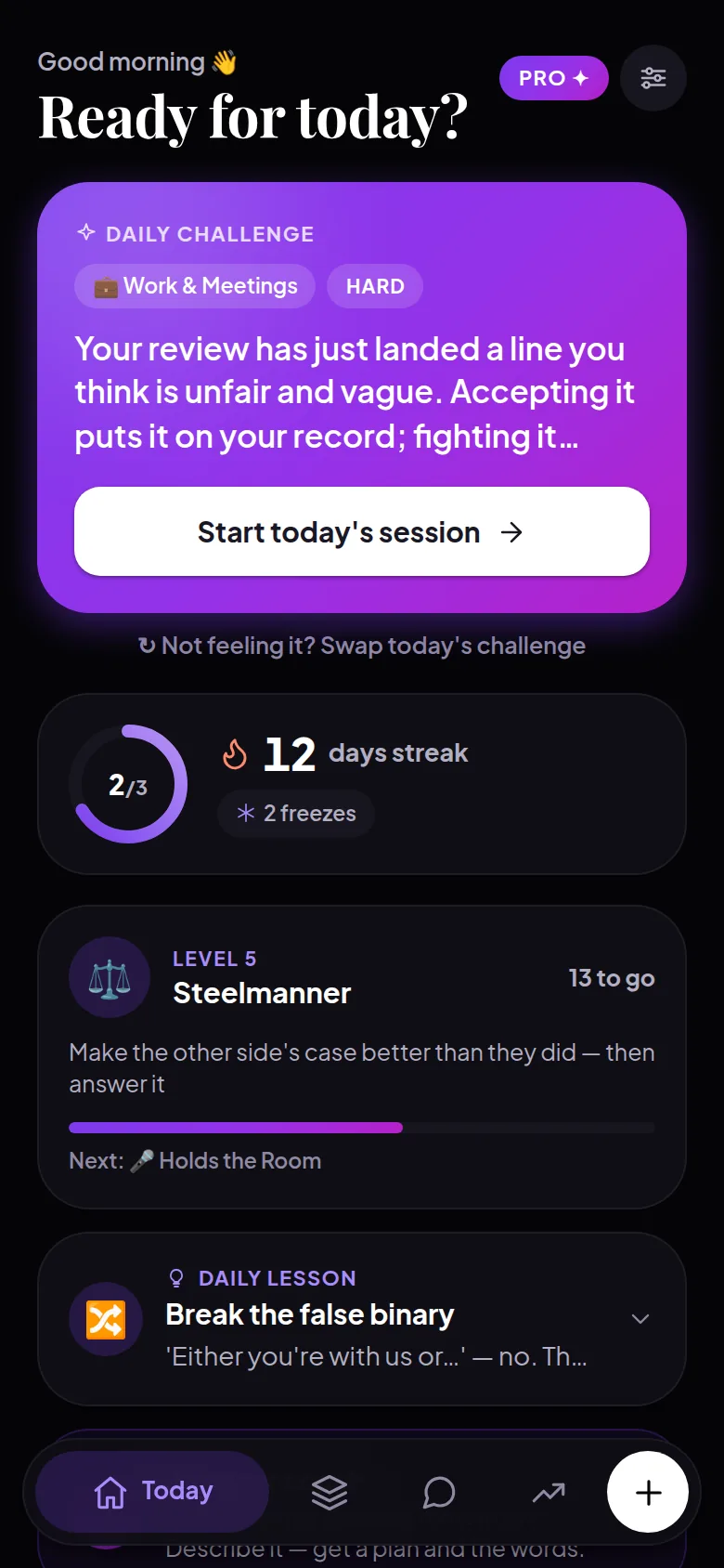 The FlowTalk dashboard showing a 12-day streak, today's challenge and the daily lesson