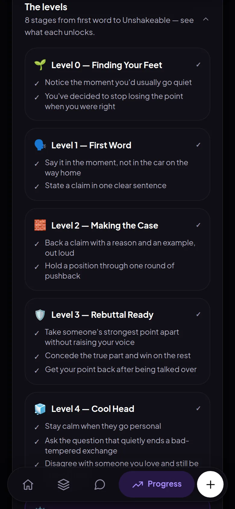 The levels roadmap: eight stages from Finding Your Feet to Unshakeable, each listing what it unlocks
